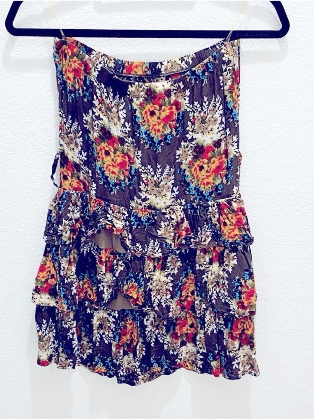 Boho style strapless multicolor floral smocked bodice tiered ruffle mini dress